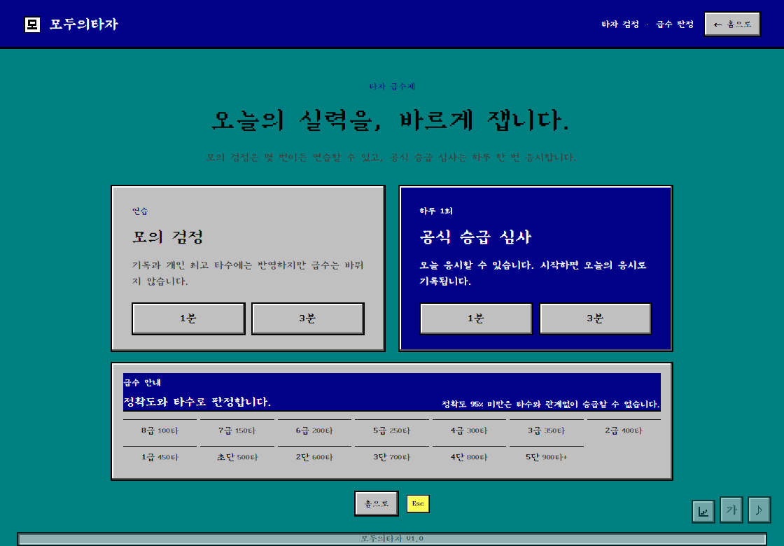 레트로 타자 검정과 급수 판정 화면